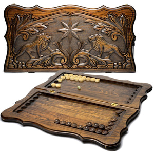 Backgammon carved wooden, model "Lions and Star"